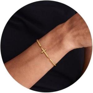 image:imageGold Cross Bracelets for Women Stackable Beaded Stretchy Adjustable Slider 14K Gold Plated 3mm Beads Bracelet for Womans Trendy Adjustment Bead Ball Charm Dainty Elastic Bracelet Non Tarnish Gifts