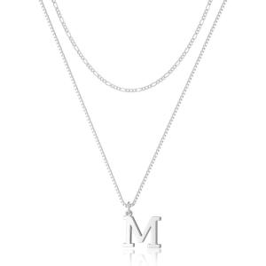 image:imageMBW 14K Silver Plated Initial Necklaces for Women Trendy Layered Necklace for Women Dainty Letter Pendant Figaro Choker Necklaces Costume Monogram Name Necklace Simple Tiny Jewelry SetSilver InitIal NKM