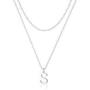 image:imageMBW 14K Silver Plated Initial Necklaces for Women Trendy Layered Necklace for Women Dainty Letter Pendant Figaro Choker Necklaces Costume Monogram Name Necklace Simple Tiny Jewelry SetSilver InitIal NKS