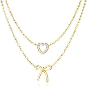 image:imageMBW Bow Necklaces for Women Trendy Dainty Layered 14K Gold Plated Cute Bow Pearl Heart Pendant Choker Necklace Stack Love Choker Waterproof Fashion Jewelry Set Gift for Women MomMB N1 BowC2