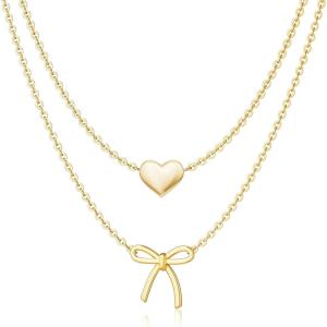 image:imageMBW Bow Necklaces for Women Trendy Dainty Layered 14K Gold Plated Cute Bow Pearl Heart Pendant Choker Necklace Stack Love Choker Waterproof Fashion Jewelry Set Gift for Women MomMB N1 BowC3
