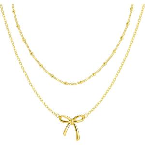 image:imageMBW Bow Necklaces for Women Trendy Dainty Layered 14K Gold Plated Cute Bow Pearl Heart Pendant Choker Necklace Stack Love Choker Waterproof Fashion Jewelry Set Gift for Women MomMB N1 BowC1