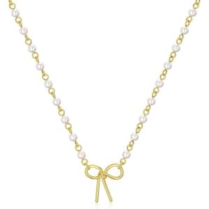 image:imageMBW Bow Necklaces for Women Trendy Dainty Layered 14K Gold Plated Cute Bow Pearl Heart Pendant Choker Necklace Stack Love Choker Waterproof Fashion Jewelry Set Gift for Women MomMB N1 BowC5