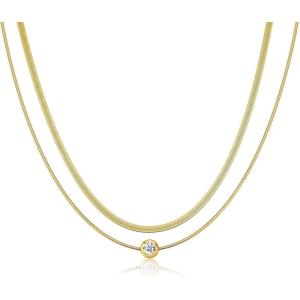 image:imageMBW Gold Layered Set Necklaces for Women Dainty 14K Gold Plated Layered CZ Pendant Necklaces Simple Gold Herringbone Snake Choker Cuban Link Paperclip Chain Necklace Jewelry Sets for Women GirlsLayered CZHerringboneGold