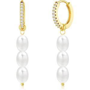 image:imageMBW Gold Pearl Dangle Earrings for Women Trendy Dainty 14K Gold Plated Hoop Earrings Cute Pearl Drop Simple Cubic Zirconia Hoops Hypoallergenic Waterproof Gold Jewelry Gifts for WomenThree Pearls