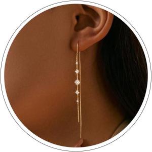 image:imageMBW Gold Plated Threader Earrings for Women 14K Dangle Long Chain Drop Earrings Dangling Dainty Elegant Dangly Ear Chain with Tassel and Cubic Zirconia for Wedding Hoco Trendy Jewelry AccessoriesRhombicGold