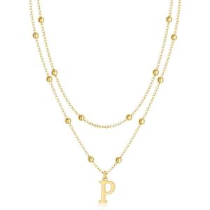image:imageMBW Layered Initial Necklaces for Women Dainty 14K Gold Plated AZ Beaded Pendant Letter Charm Necklace Personalized Name Necklaces for Women Trendy Jewelry Giftgold beaded P