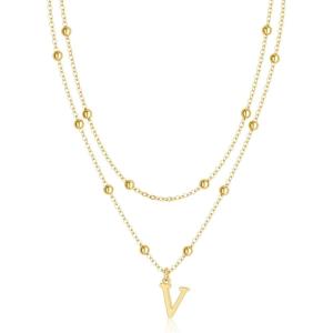image:imageMBW Layered Initial Necklaces for Women Dainty 14K Gold Plated AZ Beaded Pendant Letter Charm Necklace Personalized Name Necklaces for Women Trendy Jewelry Giftgold beaded V
