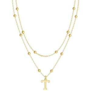 image:imageMBW Layered Initial Necklaces for Women Dainty 14K Gold Plated AZ Beaded Pendant Letter Charm Necklace Personalized Name Necklaces for Women Trendy Jewelry Giftgold beaded T
