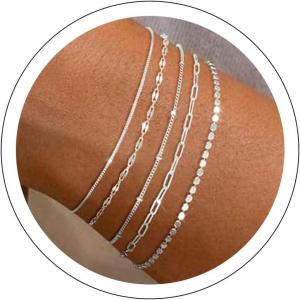image:imageMBW Sterling Silver Bracelets for Women Trendy Minimalist Simple Dainty S925 Silver Plated Bracelets for Women Stack Waterproof Jewelry Small Thin Bracelet Set for Womens Teen GiftSilver